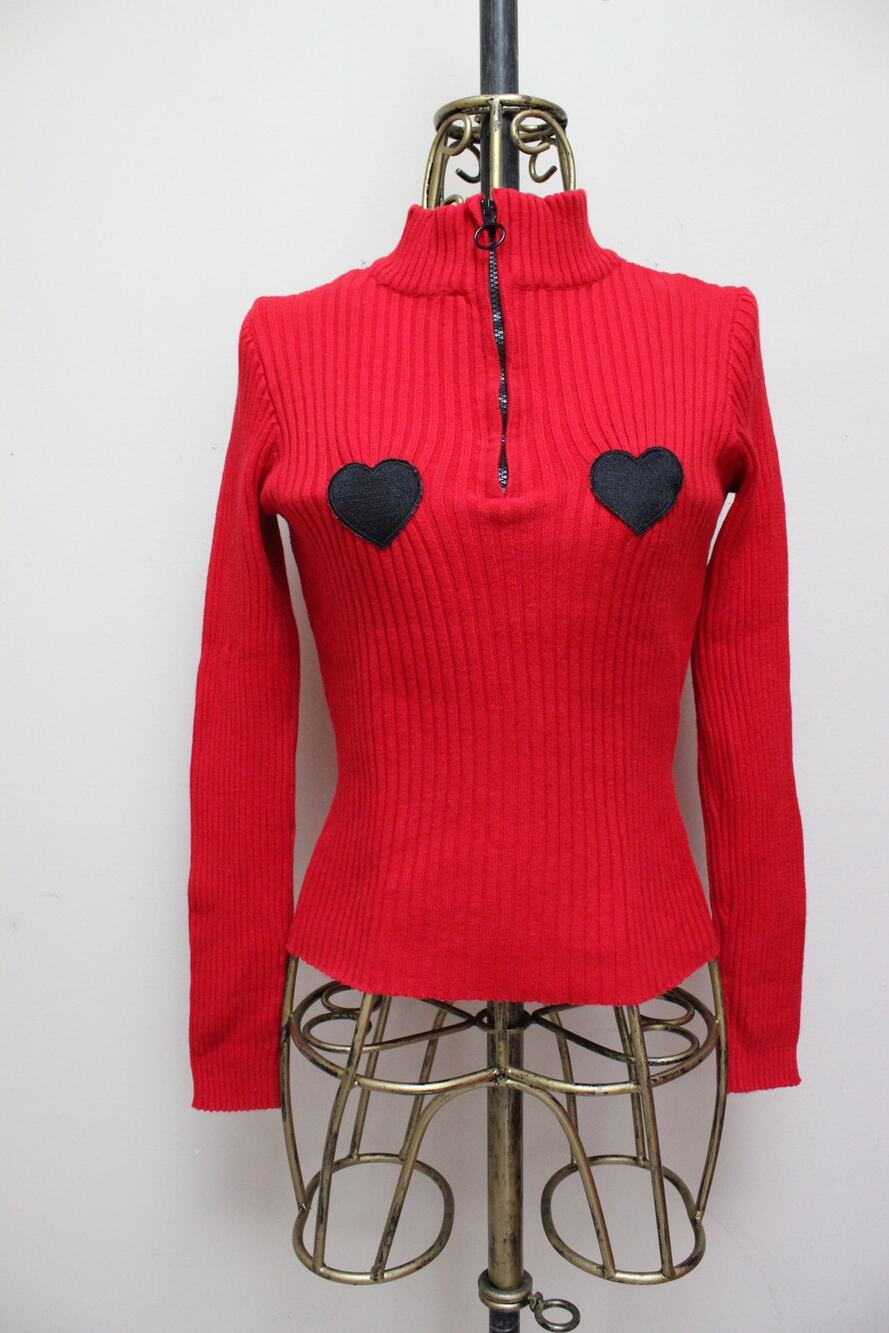Lazy Oaf Red Heart Boob Ribbed Turtleneck Sweater Size Medium